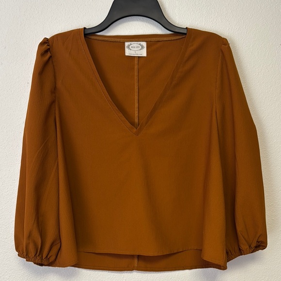 mia joy Tops - Brown Puff Sleeve V-Neck Blouse. Size L. Lightweight.